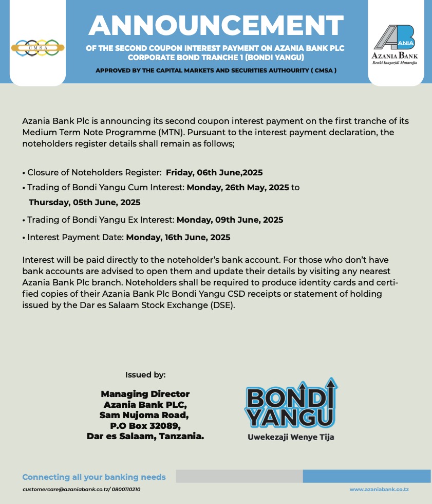 Bondi Yangu Announcement Azania Bank Bondi Yangu Announcement Azania Bank